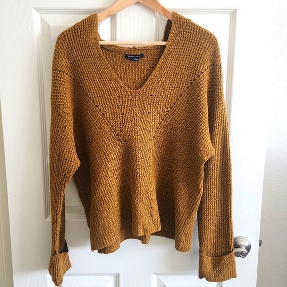 American Eagle Outfitters Sweaters - American Eagle Hooded Pullover Knit Sweater Cuffed Sleeves Size Large Mustard